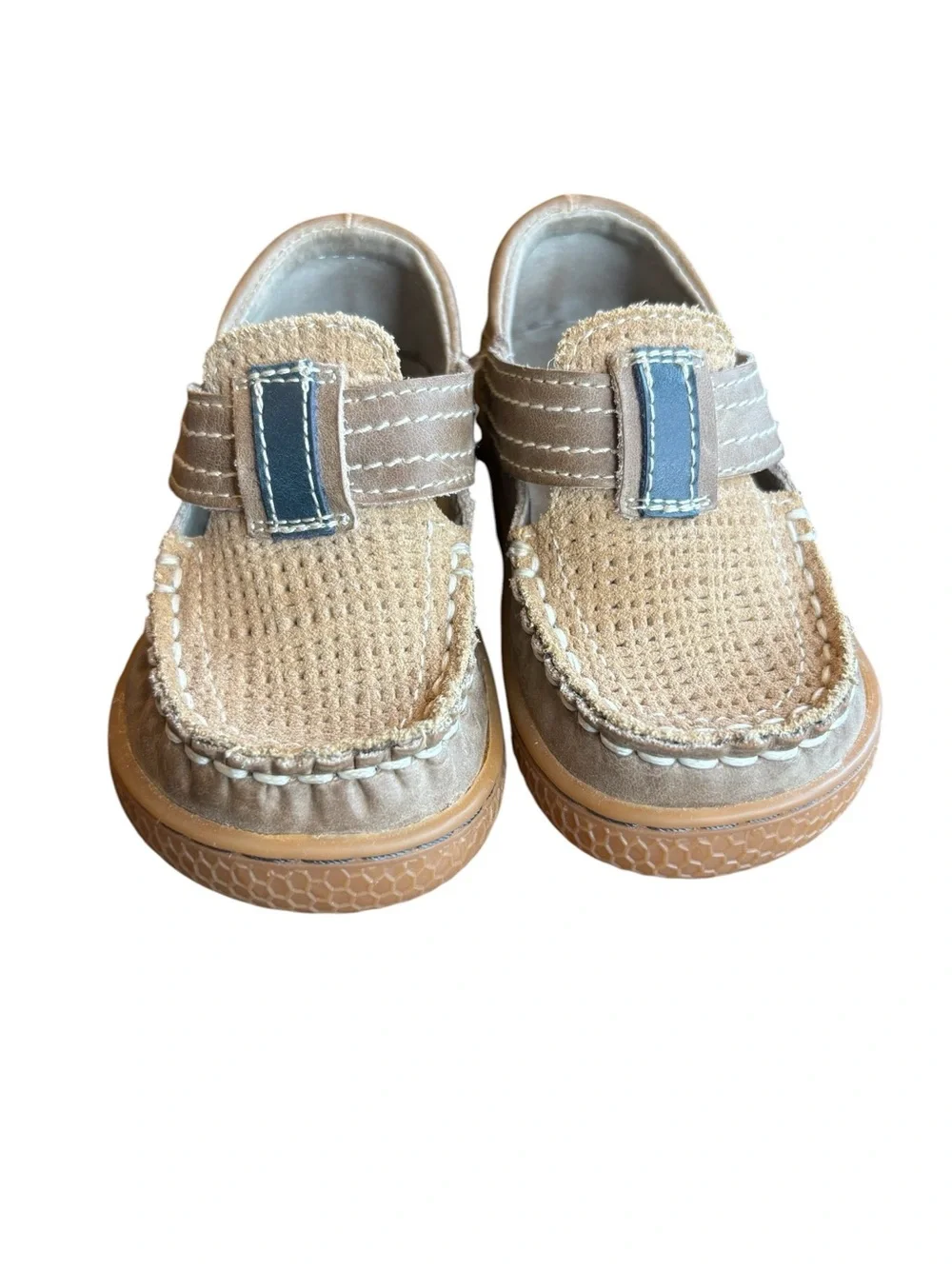 Livie and Luca Toddler Boys Shoes Size 5 Leather Hook and Loop Tan Navy Neutral